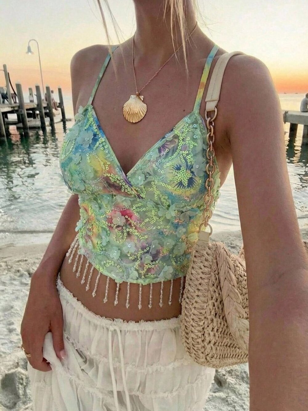 Green Boho Women's Y2K Floral Sequin Fringe Camisole Top